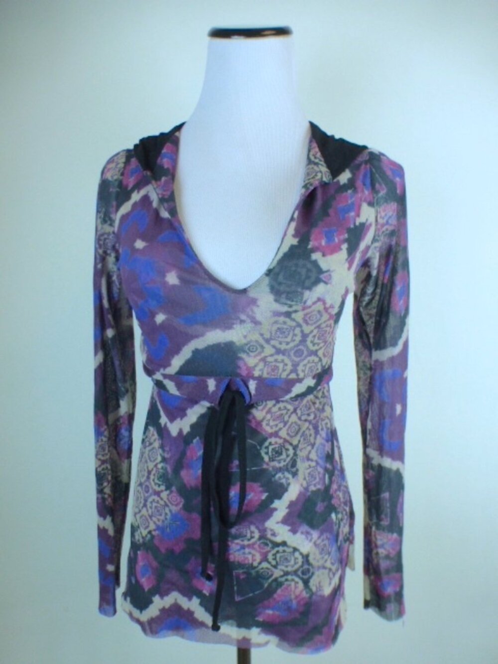SWEET PEA Stacy Frati HOODED TOP blue black purple floral mesh stretch S